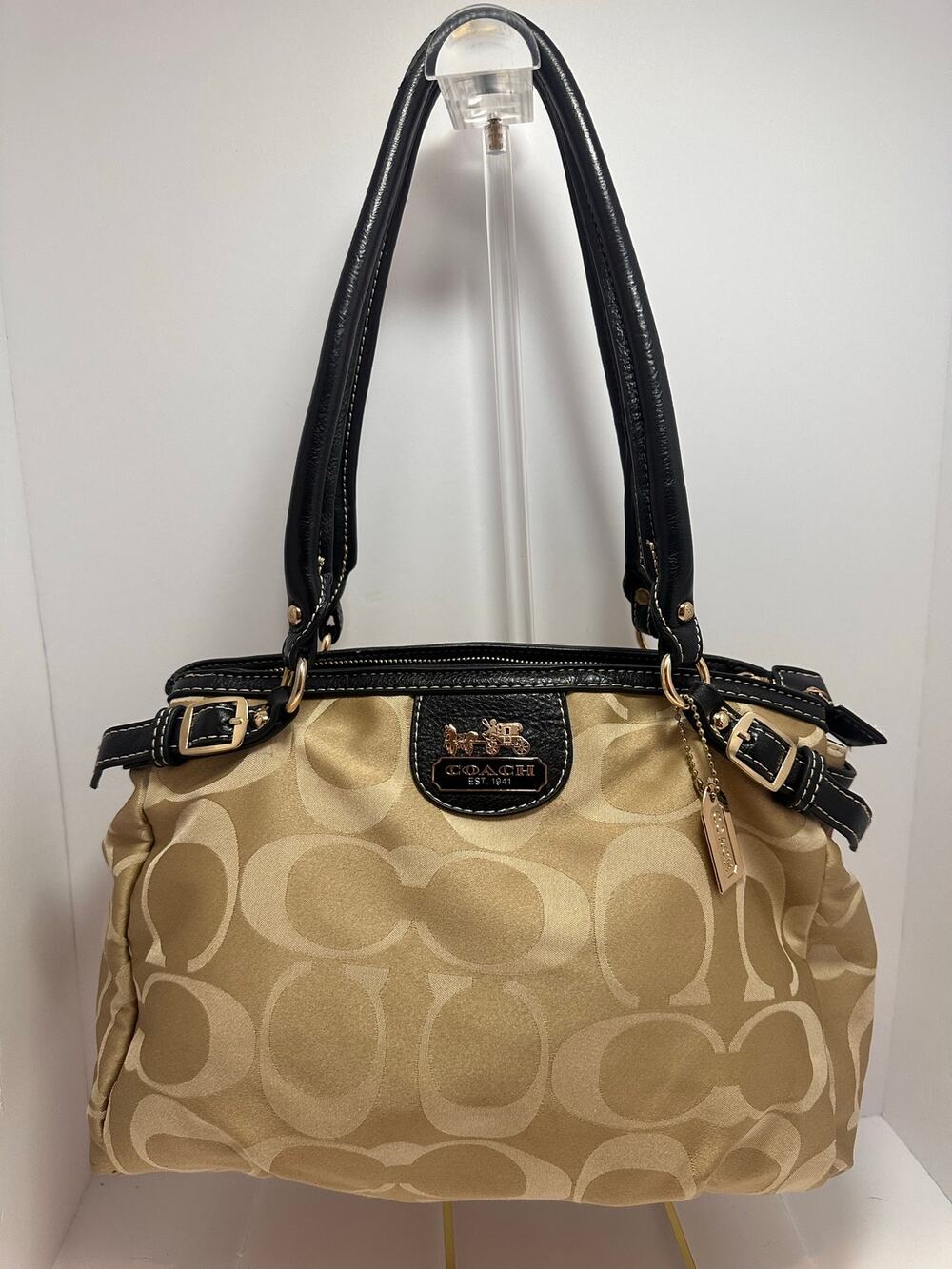 Coach F17221 Signature Sateen Multi Compartment Tote Shoulder Bag Tan Black